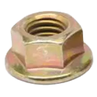 Close-up of a hex flange nut with integrated washer base for secure load distribution in industrial applications